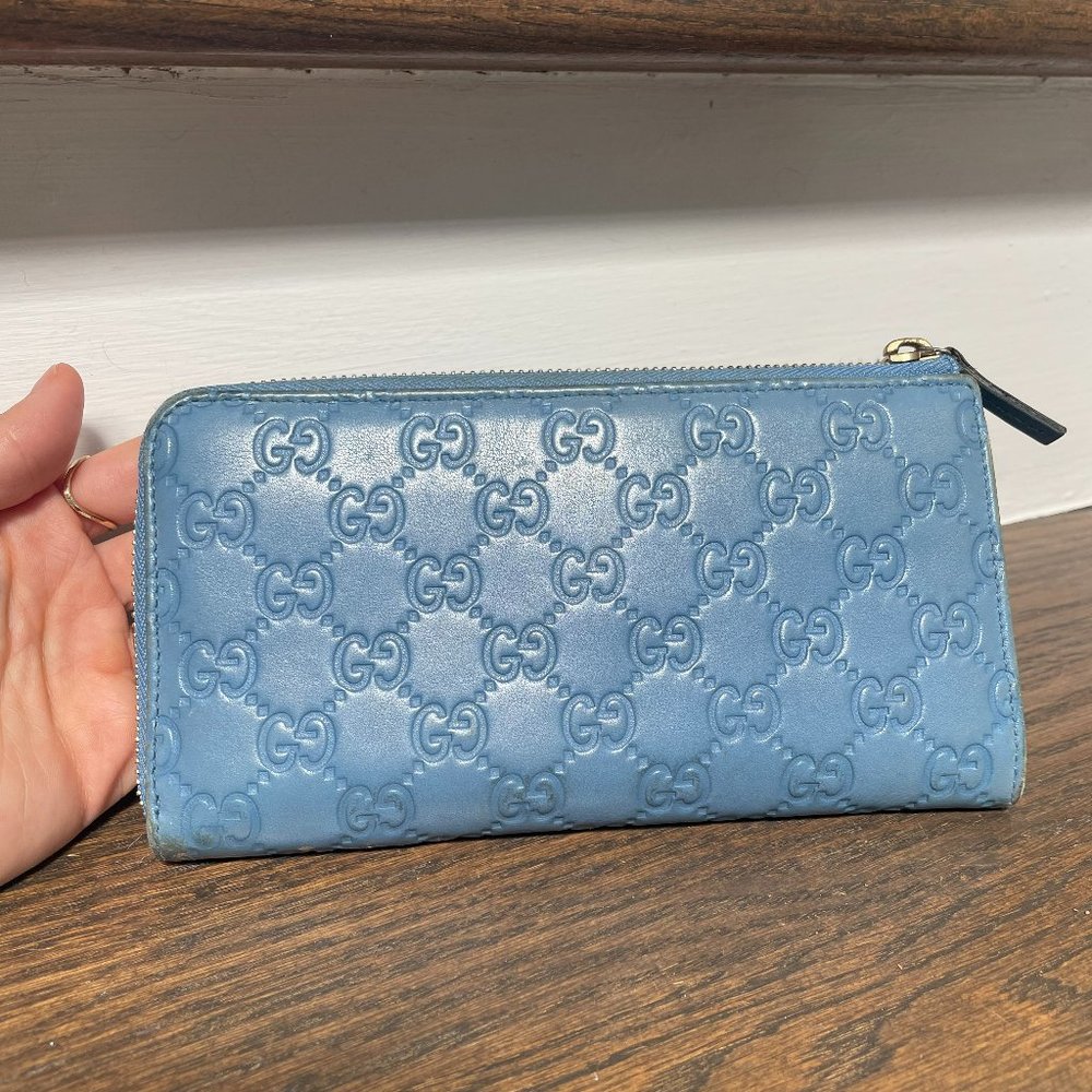 GUCCI Guccissima Continental Leather Zippy Wallet Blue